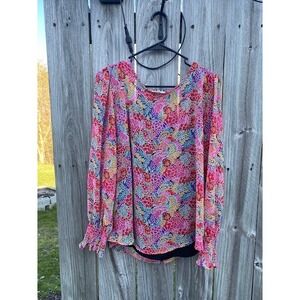 Les Amis Womens Floral Print Long Sleeve Blouse Pink Multi Smocked Cuffs Large